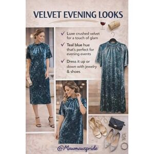 Shiela Rose LUXED 😍 Velvet Dress Teal High Neck Short Sleeve Midi Women XL